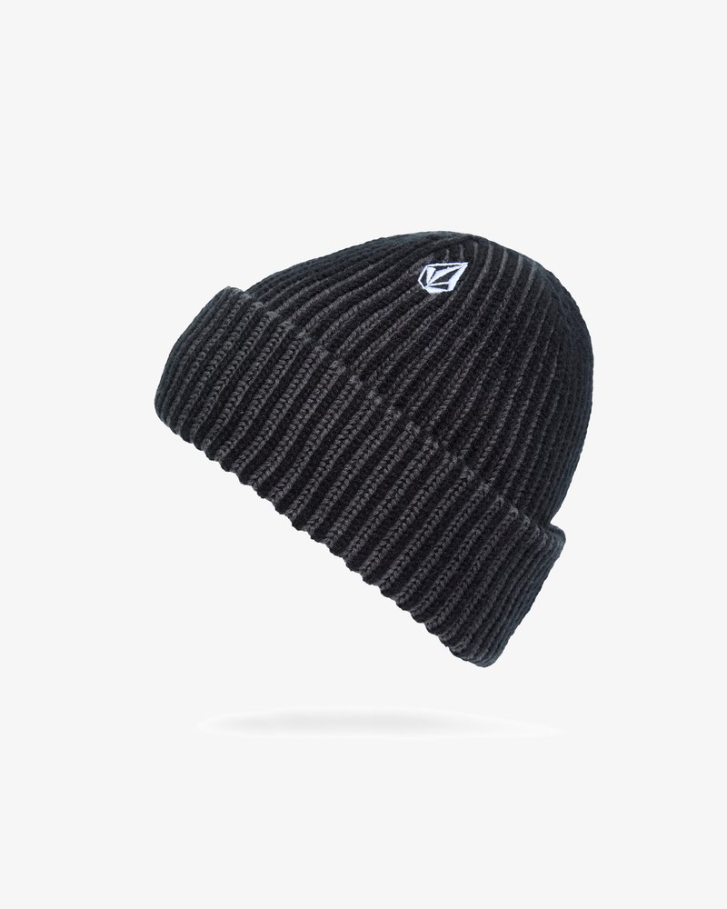 Black ribbed knit beanie with folded cuff and small white geometric logo on upper side, set against a white background.