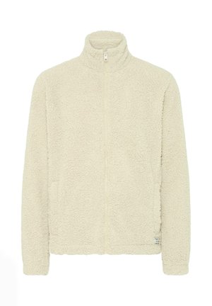 Fleecová bunda v krémové barvě, s vysokým límcem, plným zipem a bočními kapsami. Měkký, texturovaný materiál s volným střihem.