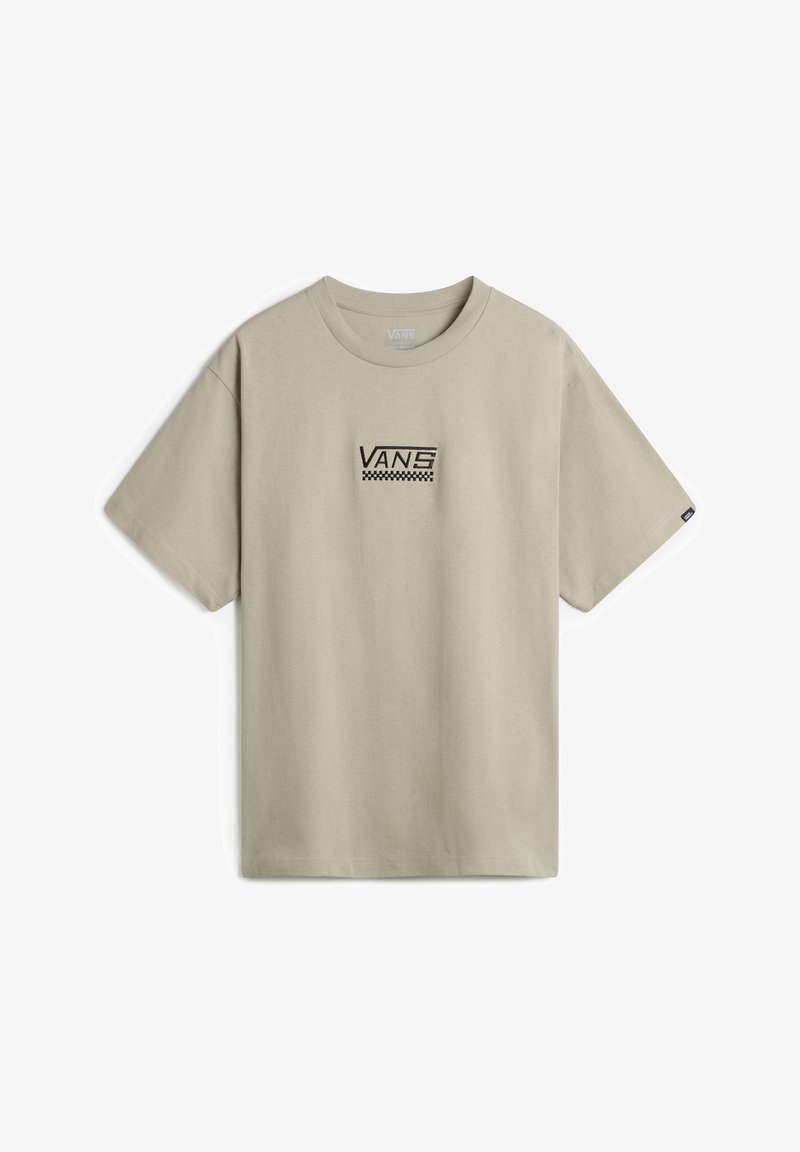 Světle béžové bavlněné tričko s kulatým výstřihem, krátkými rukávy a černým logem Vans se kostkovaným vzorem na přední straně.