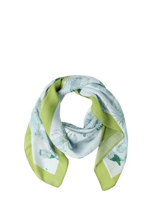 Foulard carré en soie avec bordure vert clair et motif coquillages bleu pâle, plié légèrement sur fond blanc.