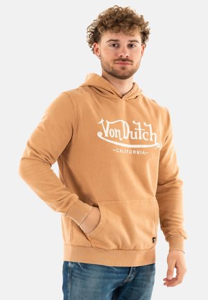 Sweat à capuche marron avec logo "Von Dutch" blanc, poche kangourou, poignets et ourlet côtelés, fabriqué en doux tissu mélangé de coton.