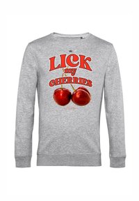 Maglietta grigia a maniche lunghe con la scritta rossa "LECCA le MIE CILIEGE" sopra e sotto due grandi ciliegie rosse realistiche con i gambi.
