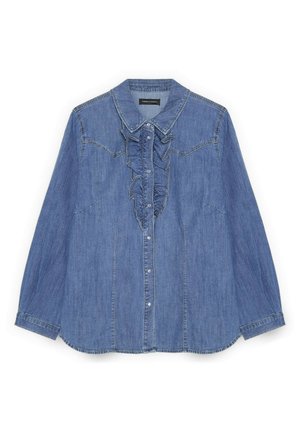 Blå denim langærmet skjorte med spids krave, knaplukning foran og rynkede detaljer langs knappelisten.