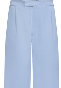 Lichtblauwe wijde broek gemaakt van een zachte stof, met een verticale vouw aan de voorkant en een op maat gemaakte tailleband met een ritssluiting.
