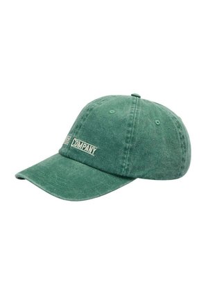 Gorra de béisbol verde descolorida con visera curvada y parche rectangular blanco con la palabra "Company" en el panel frontal.