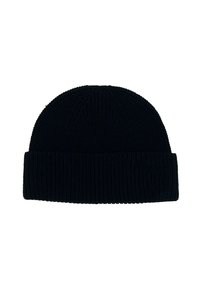 Cappello beanie nero lavorato a maglia con risvolto, mostrato piatto su uno sfondo bianco.