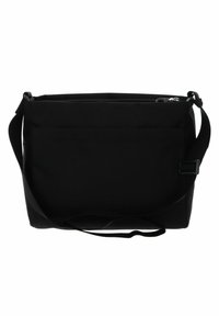 Borsa a tracolla nera di forma rettangolare, realizzata in tessuto testurizzato. Presenta una chiusura con cerniera superiore e una lunga tracolla regolabile.