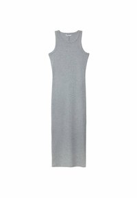 Robe maxi grise sans manches en tissu doux, dotée d'un col rond et d'une silhouette ajustée, avec une texture lisse et sans motifs.