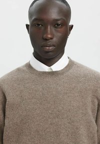 Brauner Strickpullover mit rundem Ausschnitt, weicher Textur und minimalen Nähten, kombiniert mit einem weißen Hemd mit Kragen. Neutraler Hintergrund.