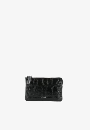 Small black leather zippered pouch with crocodile texture and silver zipper pull labeled "abro".