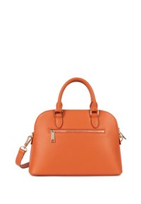 Borsa a tracolla in pelle arancione con doppio manico superiore, una tracolla rimovibile e una tasca frontale con zip. Accenti in metallo dorato.
