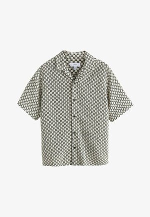 Kurzärmeliges Hemd mit schwarzen und weißen wellenförmigen Karomuster, Umschlagkragen und mittlerem Größenetikett.