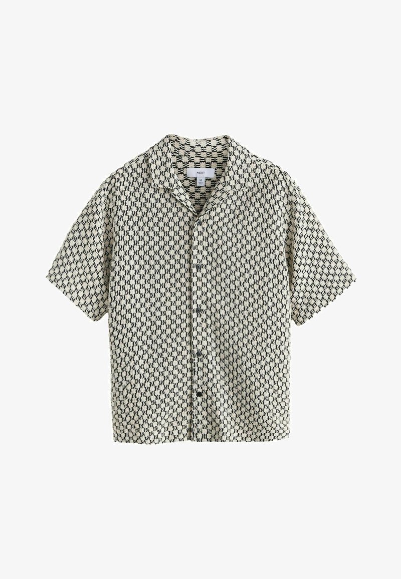 Lyhythihainen, napitettava paita, jossa on mustavalkoinen aaltoileva ruutukuosi, leveä kaulus ja keskikokoinen merkki.