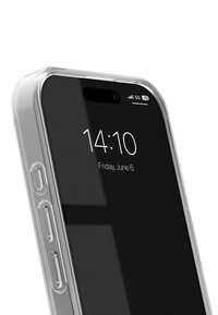 Clear smartphone case featuring a black screen with time display, textured button covers, and sleek edges for a modern look.