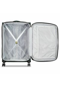 Valigia verde con cerniera, dotata di un interno grigio, cinghie incrociate e una tasca in rete sul lato sinistro per l'organizzazione.