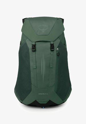 Grüner Osprey Hikelite LT 30 Wanderrucksack mit Frontschnallen, seitlichen Netzfächern und vertikalem Reißverschlussfach.