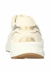 Sneaker beige avec un upper en cuir lisse, des accents dorés, des détails en mesh et une semelle en caoutchouc blanche. Présente un talon rembourré pour le confort.