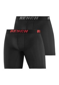 Black athletic boxers, two-pack. Features elastic waistbands with "BENCH ATHLEISURE" in gray and red. Smooth, stretchy fabric. Regular fit.