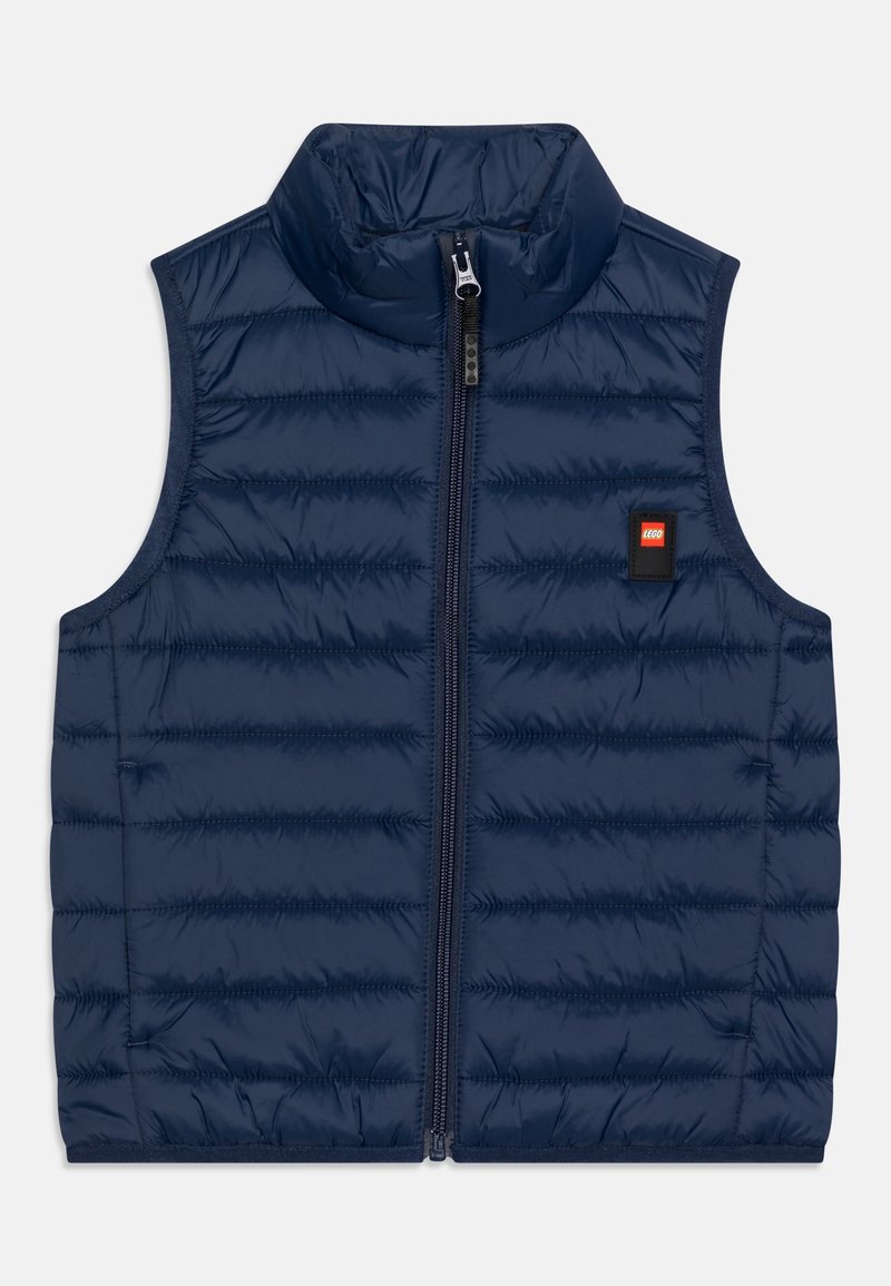 Marineblaue, isolierte Weste mit horizontalem Steppmuster, hohem Kragen, Frontreißverschluss und kleinem roten LEGO-Logo auf der Brust.