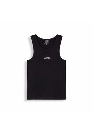 Camiseta sin mangas negra con costuras acanaladas, cuello redondo y pequeño logo de texto blanco "GRMY" centrado en el pecho.