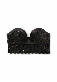 Zwarte gepailleerde strapless beha met een gladde body, golvende zoom en gestructureerde bovenpanelen met pailletten detail.