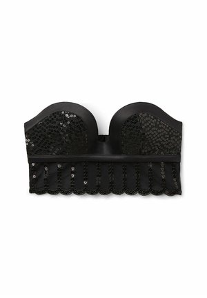 Black sequined strapless bra featuring a smooth bodice, scalloped hem, and textured upper panels with sequin detailing.