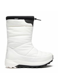 Weiße isolierte Stiefel mit einem gesteppten Design, schwarzem oberen Kragen und robuster schwarzer Sohle. Verfügt über ein Zugband für einen sicheren Halt.