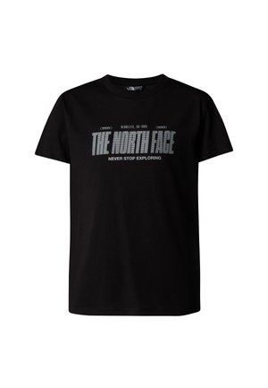 Czarny bawełniany t-shirt z logo "THE NORTH FACE" w grubej srebrnej czcionce oraz napisem "NEVER STOP EXPLORING" poniżej. Klasyczny fason z okrągłym dekoltem.