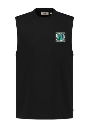 Tricou negru fără mâneci din bumbac, decorat cu o grafică pătrată în teal și alb, având textul "PARADISE LOCAL MEMBER SOCIETY."