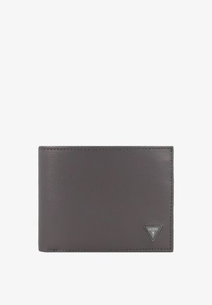 Portefeuille gris texturé au design pliable, avec un petit logo triangulaire dans le coin inférieur et des détails de coutures contrastés.