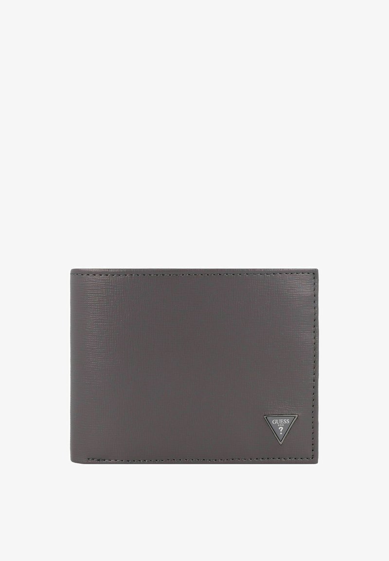 Grijs gestructureerde portemonnee met een bi-fold ontwerp, voorzien van een klein driehoekig logo in de onderste hoek en contrasterende stikdetails.