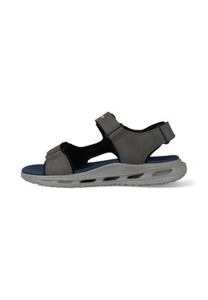 Sandale grise pour homme à bout ouvert avec des brides réglables et une semelle rembourrée conçue pour le confort et une utilisation extérieure.