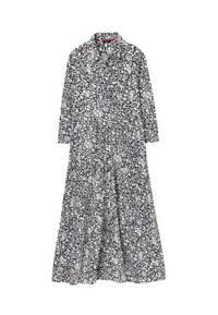 Květinové šaty s námořnickým pozadím a bílými květinovými vzory, s dlouhými rukávy, límečkem a volným, splývavým střihem.