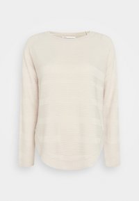 Maglione lungo beige chiaro con maniche lunghe, righe orizzontali testurizzate, scollatura rotonda e vestibilità rilassata. Tessuto morbido con una leggera elasticità.