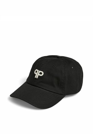 Gorra de béisbol negra de algodón con visera curvada y logotipo estilizado "pp" en blanco bordado en el panel frontal.