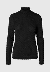 Juoda ilgomis rankovėmis turtleneko viršutinė dalis, pagaminta iš tekstūruoto audinio su visą paviršių dengiančiu reljefiniu raštu. Savybės: prigludusios rankovės ir aukštas kaklo uždengimas.