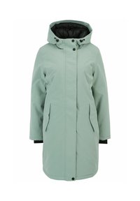Manteau d'hiver long vert clair avec capuche, boutons à l'avant et poches latérales, présentant une doublure intérieure noire et des détails aux poignets.