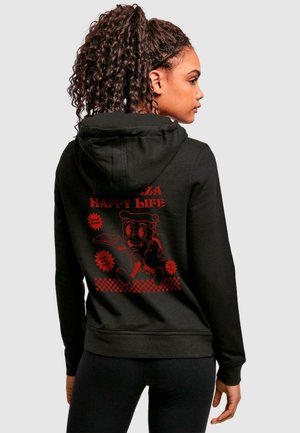 Black hoodie with a red graphic on the back featuring a cartoon pizza character and text. Soft fabric with a cozy fit and adjustable hood.