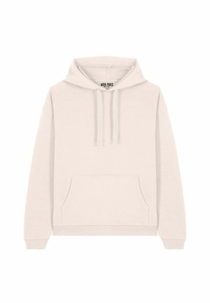 Lichtbeige hoodie van zacht materiaal, voorzien van een kangoeroezak, ribgebreide manchetten en verstelbare trekkoorden op de capuchon.