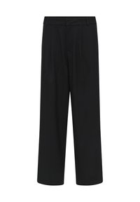 Black wide-leg pants made from a smooth fabric. Features front pleats, a classic waistband, and straight cut legs for a tailored fit.