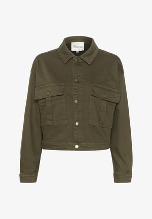 Oliivroheline lühike jope, mis on valmistatud puuvillase segu materjalist, varustatud krae, nupuvajutusega esiossa ja kahe eest taskuga, millel on klapid. Sile tekstuur.