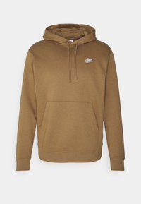 Felpa con cappuccio marrone realizzata in tessuto morbido, caratterizzata da una tasca frontale e un piccolo logo Nike bianco sul petto.