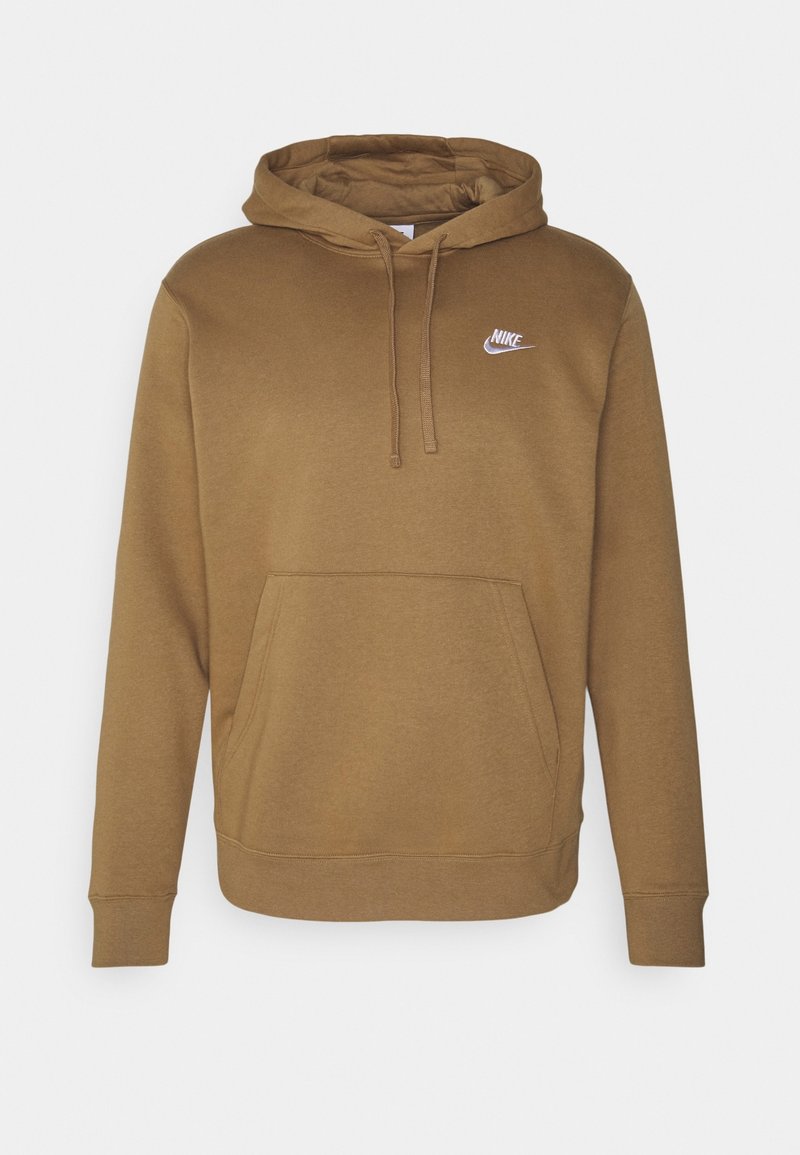 Felpa con cappuccio marrone realizzata in tessuto morbido, caratterizzata da una tasca frontale e un piccolo logo Nike bianco sul petto.