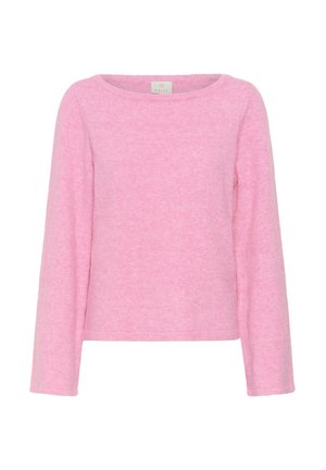 Pulover roz tricotat cu decolteu rotund și mâneci lungi. Material texturat, lungime scurtă și design minimalist fără elemente vizibile de fixare.