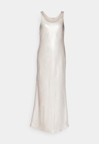 Robe longue, sans manches, en satin de couleur crème avec un col arrondi et un design simple et lisse, présentée sur un fond uni.