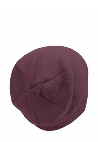 Maroon knit beanie with a ribbed hem, smooth texture, and a rounded top featuring a subtle seam detail radiating from the center.