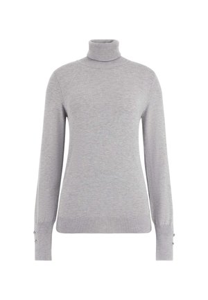 Suéter de cuello alto gris claro con mangas largas, puños de punto acanalado que presentan detalles de botones y una textura de punto suave.