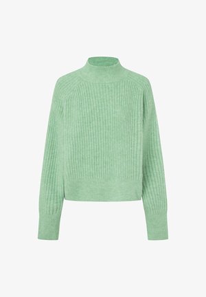 Minzgrüner Rippstrickpullover mit hohem Kragen, langen Raglanärmeln und verkürztem Design. Hergestellt aus weichem Strickmaterial.