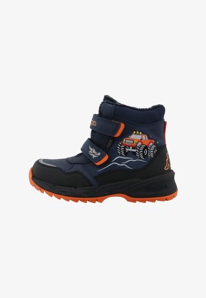 Navy and black sneaker with orange accents, two Velcro straps, rubber sole, and a graphic of a monster truck. Fuzzy lining at the top.