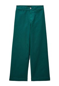 Pantalons larges turquoise en coton, avec une fermeture à bouton à l'avant et des passants de ceinture. Le tissu est lisse, d'une couleur unie et avec des coutures propres.
